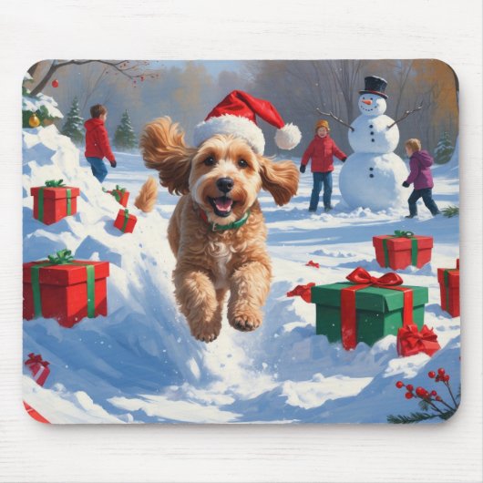 Cockapoo läuft im Schnee mit Weihnachtsmütze Mousepad (Vorne)