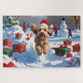 Cockapoo läuft im Schnee mit Weihnachtsmütze Puzzle (Horizontal)