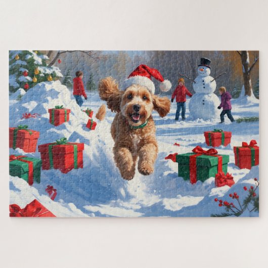 Cockapoo läuft im Schnee mit Weihnachtsmütze Puzzle (Horizontal)