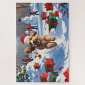 Cockapoo läuft im Schnee mit Weihnachtsmütze Puzzle (Vertikal)