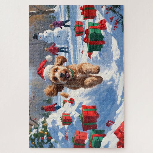Cockapoo läuft im Schnee mit Weihnachtsmütze Puzzle (Vertikal)