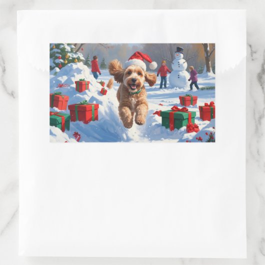 Cockapoo läuft im Schnee mit Weihnachtsmütze Rechteckiger Aufkleber (Tasche)