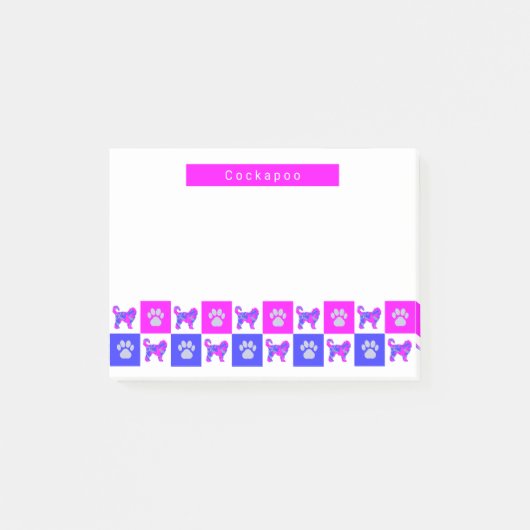 Cockapoo Silhouette Dog & Paw Hot Pink & Blue Post-it Klebezettel (Vorderseite)