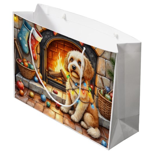 Cockapoo Sitting by Fireplace with Christmas Light Große Geschenktüte (Rückseite Schrägansicht)