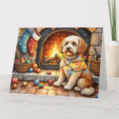 Cockapoo Sitting by Fireplace with Christmas Light Karte (Vorderseite)