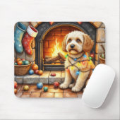 Cockapoo Sitting by Fireplace with Christmas Light Mousepad (Mit Mouse)