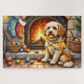 Cockapoo Sitting by Fireplace with Christmas Light Puzzle (Horizontal)