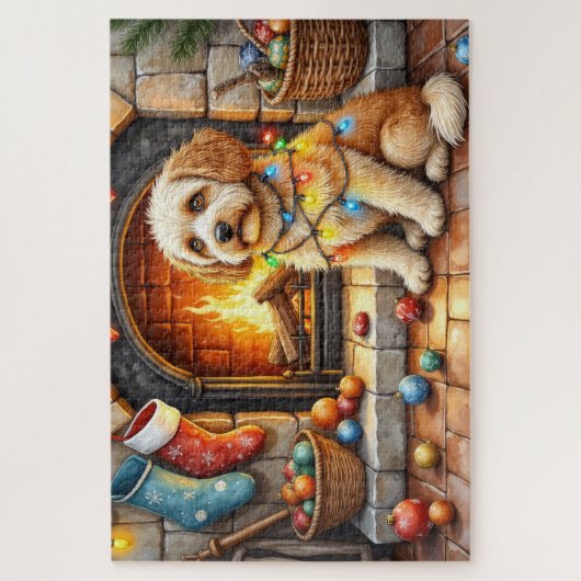 Cockapoo Sitting by Fireplace with Christmas Light Puzzle (Vertikal)