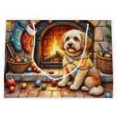 Cockapoo sitzt am Kamin mit Weihnachtslicht Große Geschenktüte (Vorderseite)