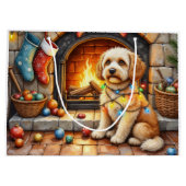 Cockapoo sitzt am Kamin mit Weihnachtslicht Große Geschenktüte (Rückseite)