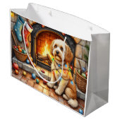 Cockapoo sitzt am Kamin mit Weihnachtslicht Große Geschenktüte (Rückseite Schrägansicht)