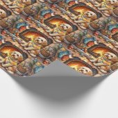 Cockapoo sitzt neben dem Kamin mit Weihnachtsbeleu Geschenkpapier (Ecke)