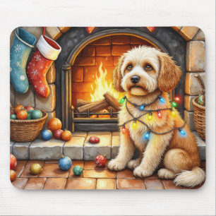 Cockapoo sitzt neben dem Kamin mit Weihnachtsbeleu Mousepad