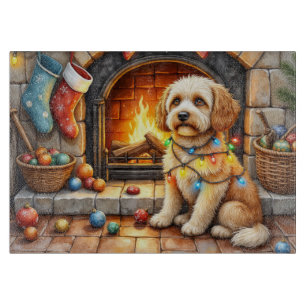 Cockapoo sitzt neben dem Kamin mit Weihnachtsbeleu Schneidebrett