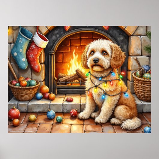 Cockapoo sitzt neben dem Kamin mit Weihnachtslicht Poster (Vorne)