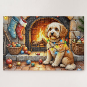 Cockapoo sitzt neben dem Kamin mit Weihnachtslicht Puzzle