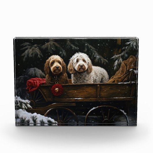 Cockapoo Snowy Sleigh Weihnachtsdekor Fotoblock (Vorderseite)