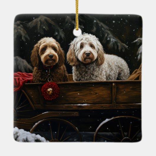 Cockapoo Snowy Sleigh Weihnachtsdekor Keramikornament (Rückseite)