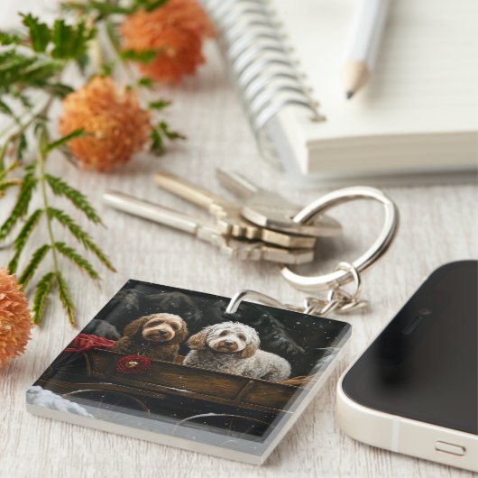 Cockapoo Snowy Sleigh Weihnachtsdekor Schlüsselanhänger (Vorderseite rechts)