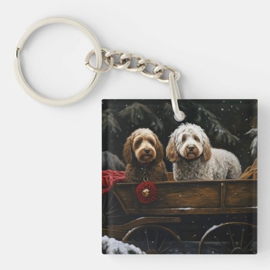 Cockapoo Snowy Sleigh Weihnachtsdekor Schlüsselanhänger (Vorderseite)
