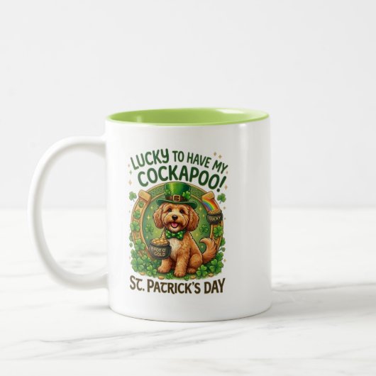 Cockapoo St Patrick's Day Lucky Dog Pot of Gold Zweifarbige Tasse (Links)