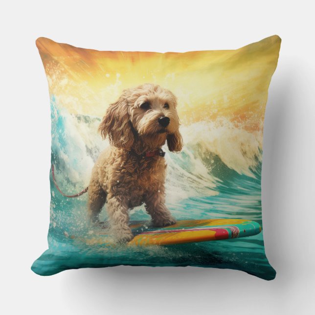 Cockapoo Strand Surfing Malerei Kissen (Vorderseite)