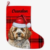 Cockapoo und Rot Kariert mit dem Namen des Hundes Großer Weihnachtsstrumpf (Vorderseite)
