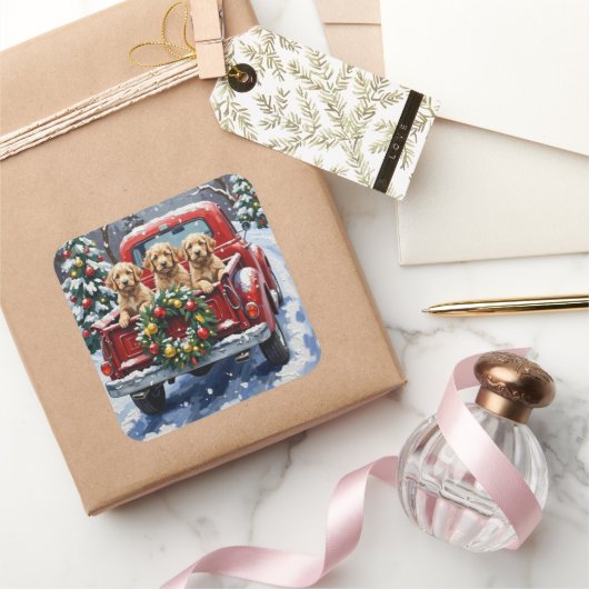 Cockapoo Weihnachten Rotes Lastwagen Ferien Quadratischer Aufkleber (Schenken)