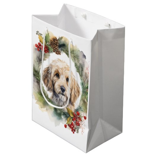 Cockapoo Weihnachtsfeier Festliche Jungfrau Mittlere Geschenktüte (Vorderseite Schrägansicht)