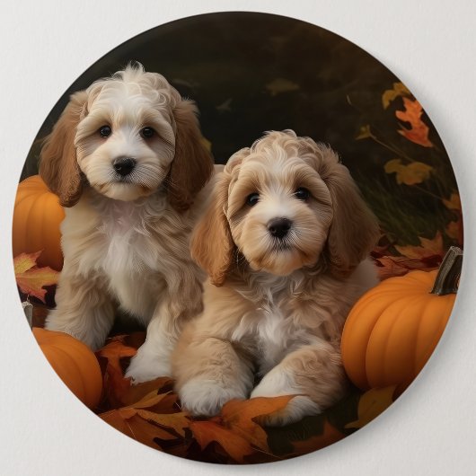 Cockapoo Welpe Herbst Kürbis Button (Vorderseite)