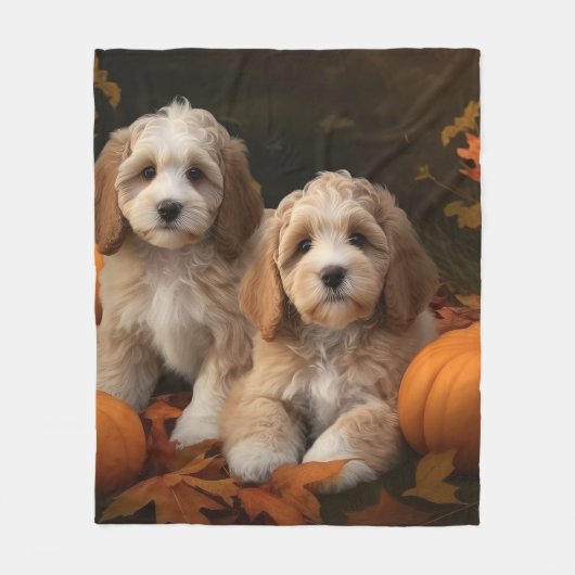 Cockapoo Welpe Herbst Kürbis Fleecedecke (Vorderseite)