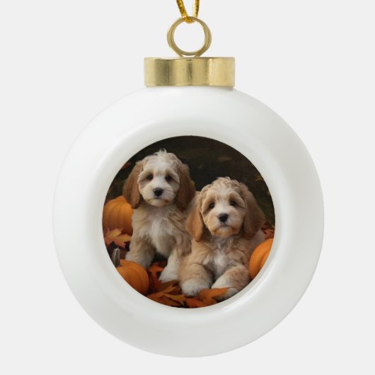 Cockapoo Welpe Herbst Kürbis Keramik Kugel-Ornament (Vorderseite)