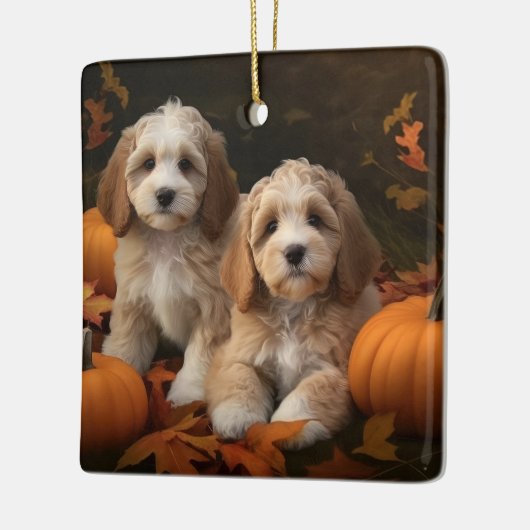 Cockapoo Welpe Herbst Kürbis Keramikornament (Links)