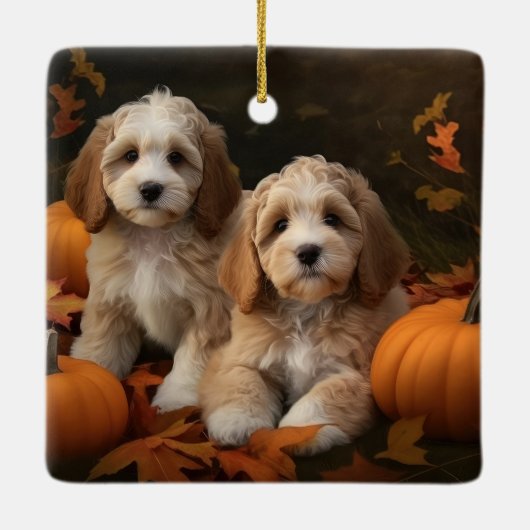 Cockapoo Welpe Herbst Kürbis Keramikornament (Rückseite)