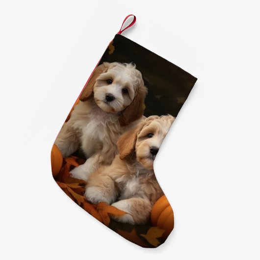 Cockapoo Welpe Herbst Kürbis Kleiner Weihnachtsstrumpf (Vorderansicht (hängend))