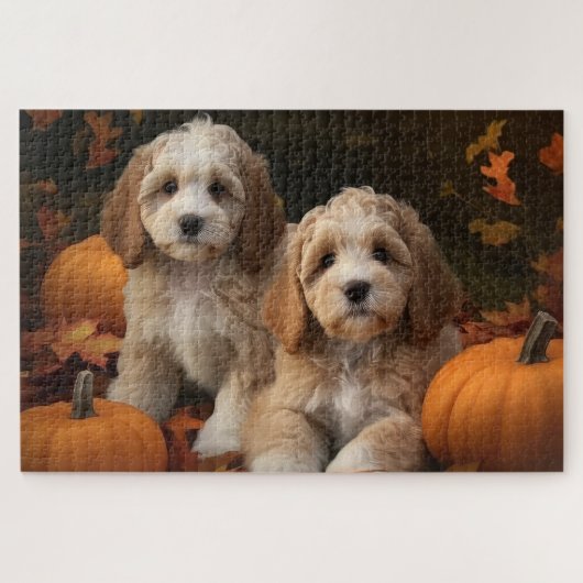 Cockapoo Welpe Herbst Kürbis Puzzle (Horizontal)