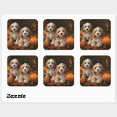 Cockapoo Welpe Herbst Kürbis Quadratischer Aufkleber (Blatt)