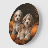 Cockapoo-Welpe Herbstfreude Kürbis Große Wanduhr (Winkel)