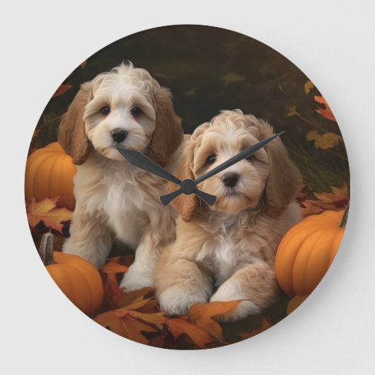 Cockapoo-Welpe Herbstfreude Kürbis Große Wanduhr (Vorderseite)