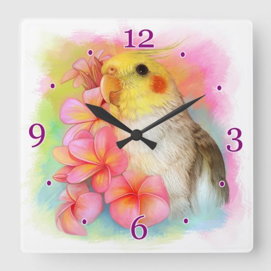 Cockatiel mit Frangipani Quadratische Wanduhr (Vorderseite)