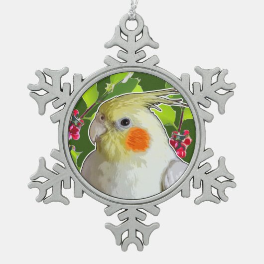 Cockatiel mit grünen, holzigen Blätter und roten B Schneeflocken Zinn-Ornament (Vorderseite)