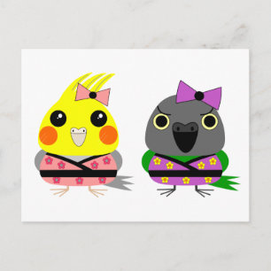 Cockatiel und Senegal-Papagei in Kimonos Postkarte