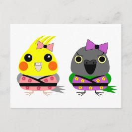 Cockatiel und Senegal-Papagei in Kimonos Postkarte