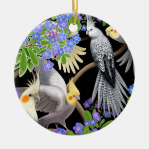 Cockatiels in der Vergissmeinnicht-Verzierung Keramik Ornament