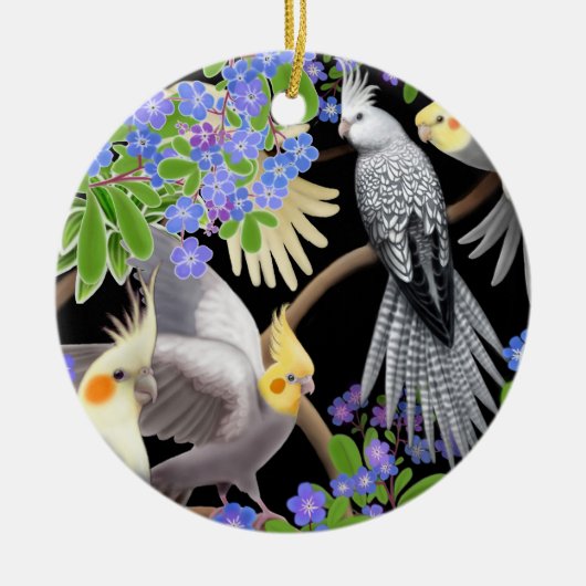 Cockatiels in der Vergissmeinnicht-Verzierung Keramik Ornament (Vorne)