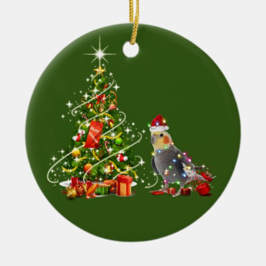 Cockatile mit Hutschuh Weihnachten Keramik Ornament (Vorne)