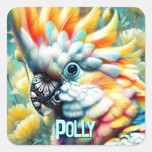 Cockatoo Bird Yellow Poppies Personalized Quadratischer Aufkleber (Vorderseite)