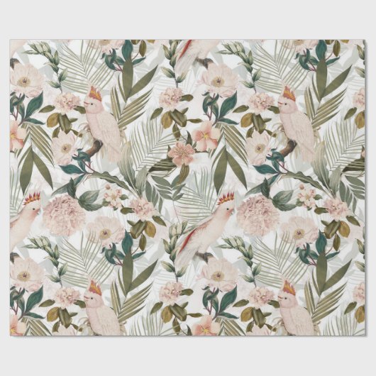 Cockatoo-Jungle-Muster bei tropischen Vögeln - Wei Geschenkpapier (Flach)