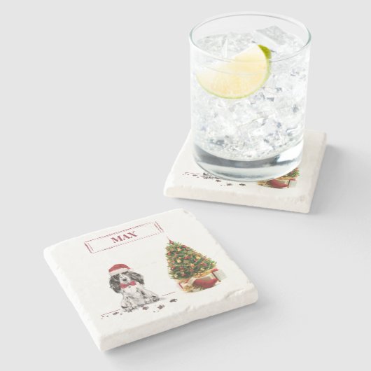 Cocker Spanel Funny Christmas Dog mit Baum Steinuntersetzer (Seitenansicht)