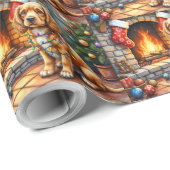 Cocker Spaniel am Kamin mit Weihnachtslichtern Geschenkpapier (Rolleneckpunkt)